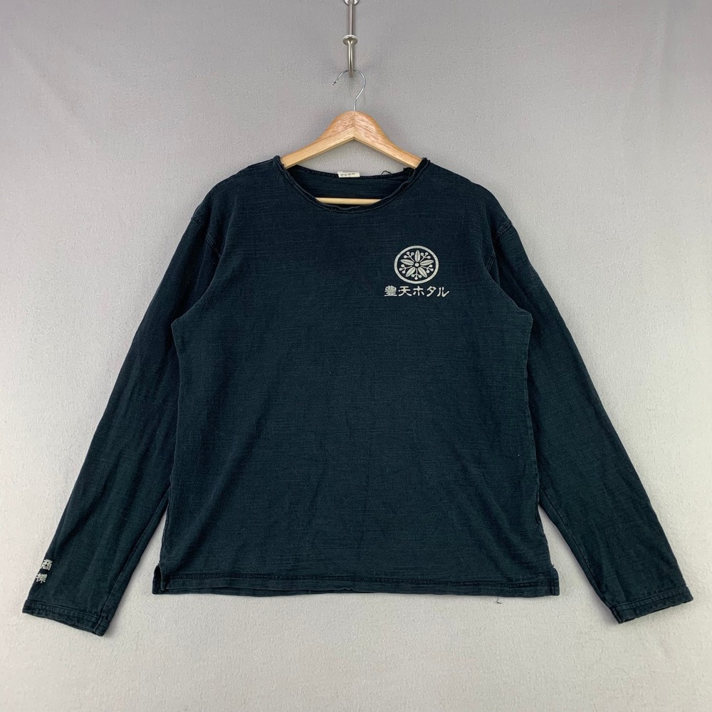 Boutique Japanese Graphic Long Sleeve T-Shirt Mens M Black Slub Cotton Kanji
